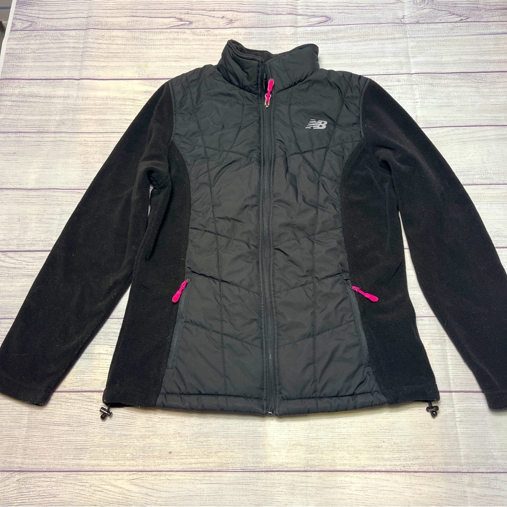 New Balance Womens Jacket Black Medium Fleece Sleeves Puffer Front Lightweight